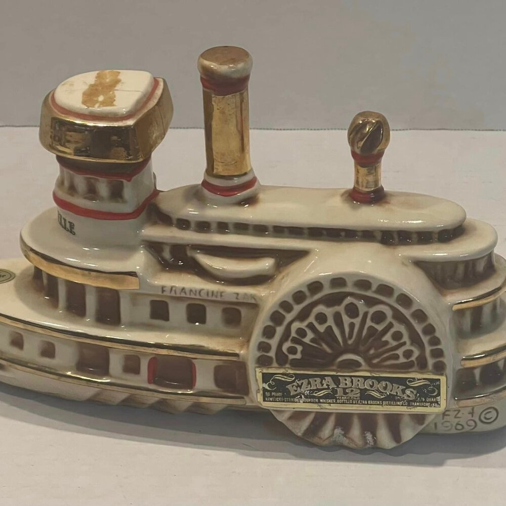 Vintage Ezra Brooks Delta Belle Steamboat Paddle Wheel Empty Decanter 1969